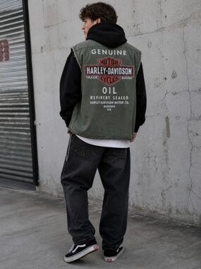 Harley Davidson Cut off Shirt XL | Olive Sleeveless Button Up Graphic Back Biker